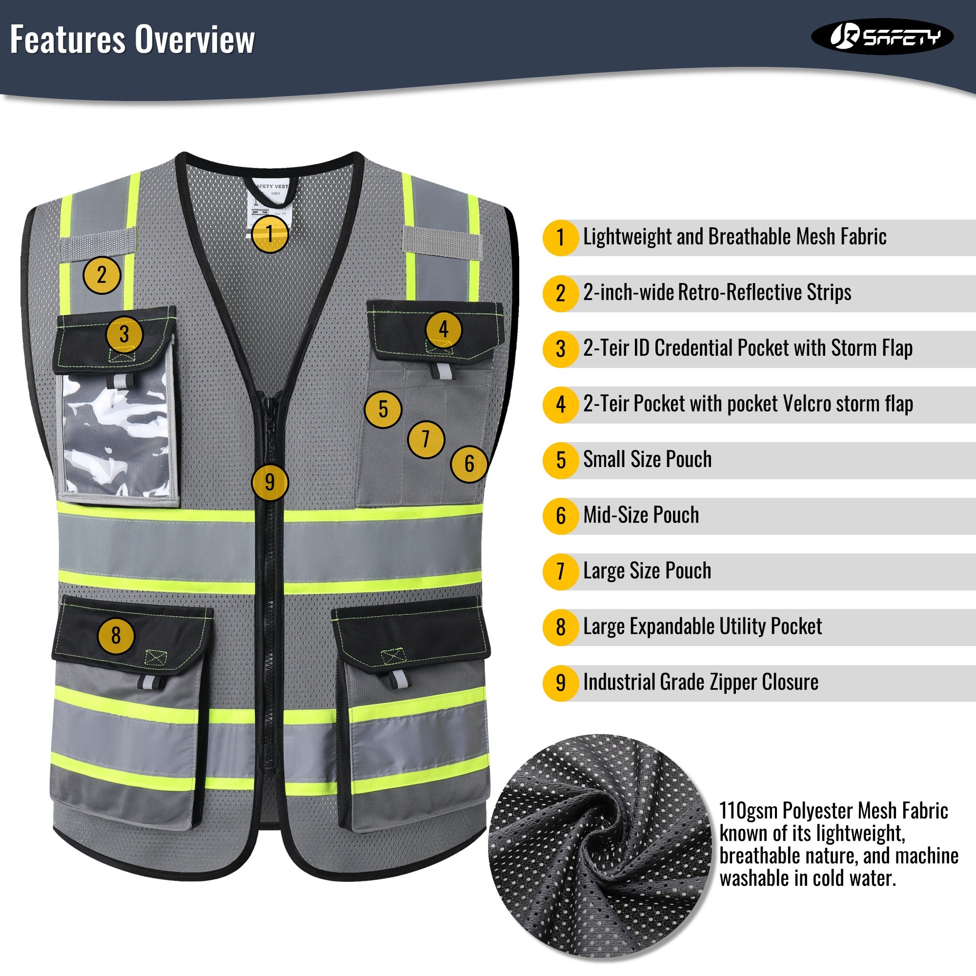 JKSafety 8 Pockets Two-Tone Mesh Hi-Vis Reflective Safety Vests (JK220)