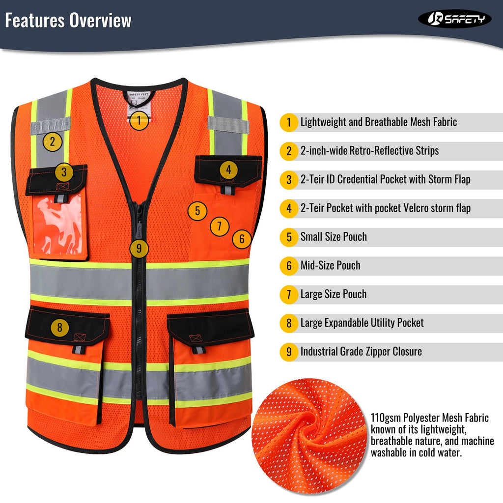 JKSafety 8 Pockets Two-Tone Mesh Hi-Vis Reflective Safety Vests (JK220)
