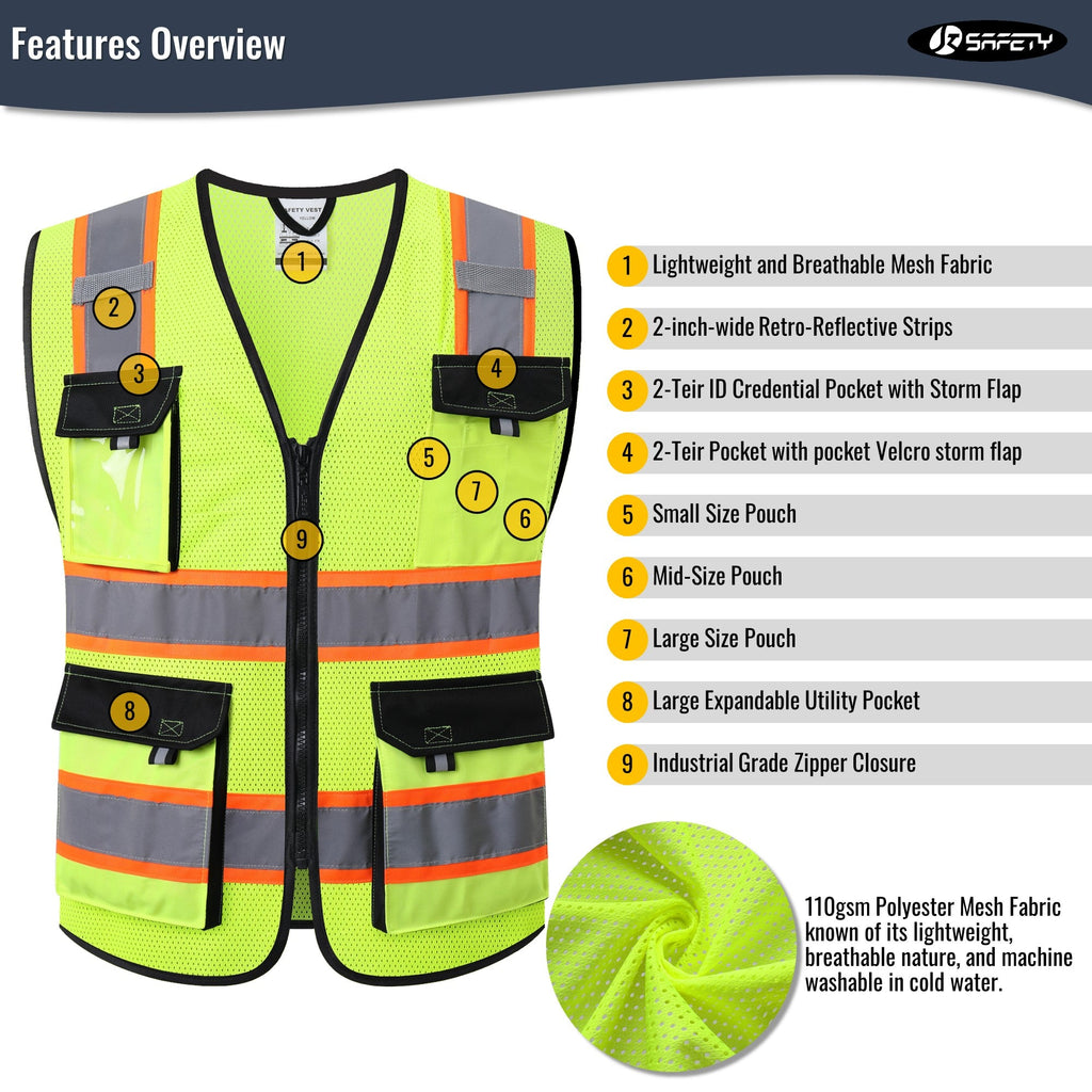 JKSafety 8 Pockets Two-Tone Mesh Hi-Vis Reflective Safety Vests (JK220)