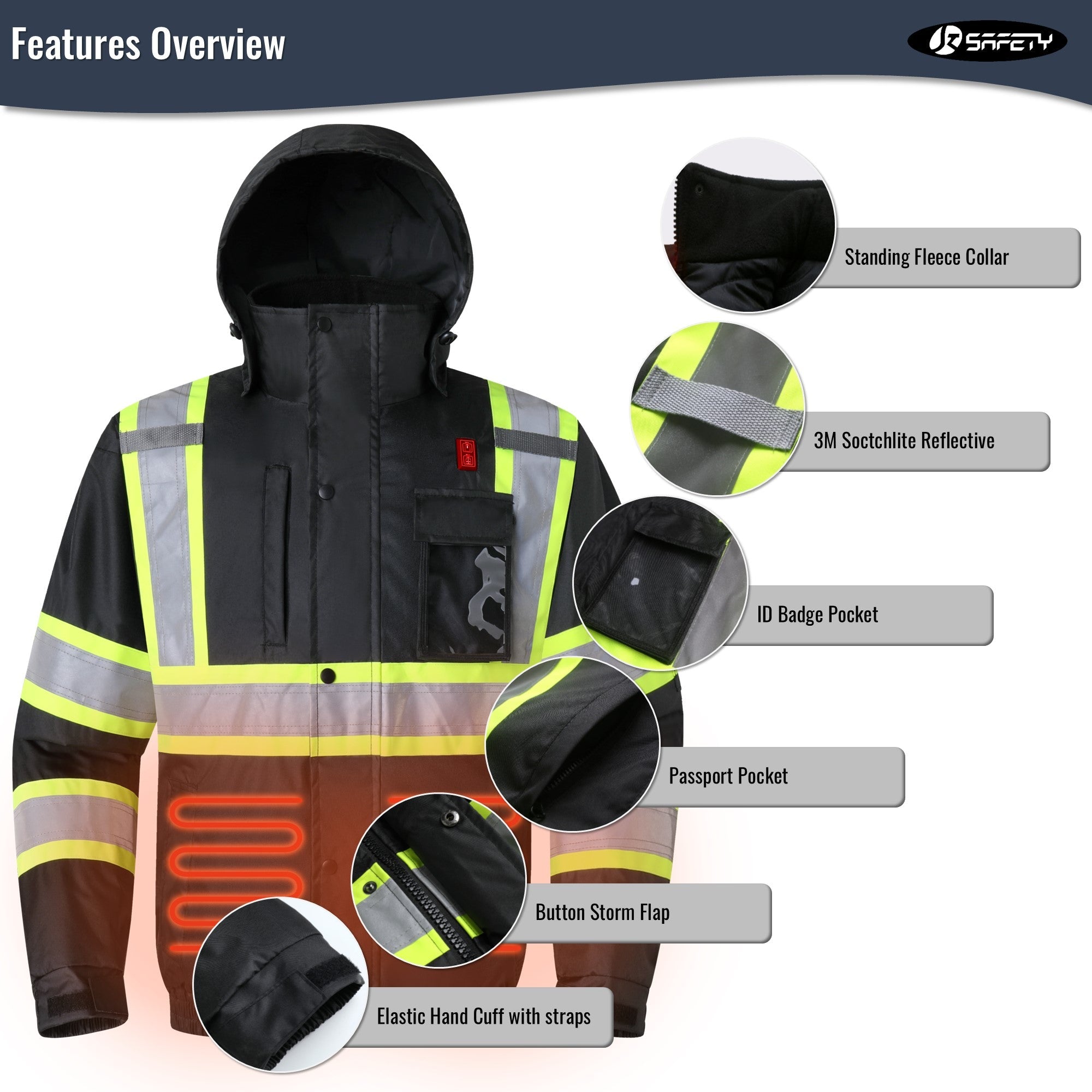 JKSafety 7 Pockets Heated Waterproof Winter Hi-Vis Safety Jacket (JK116A)