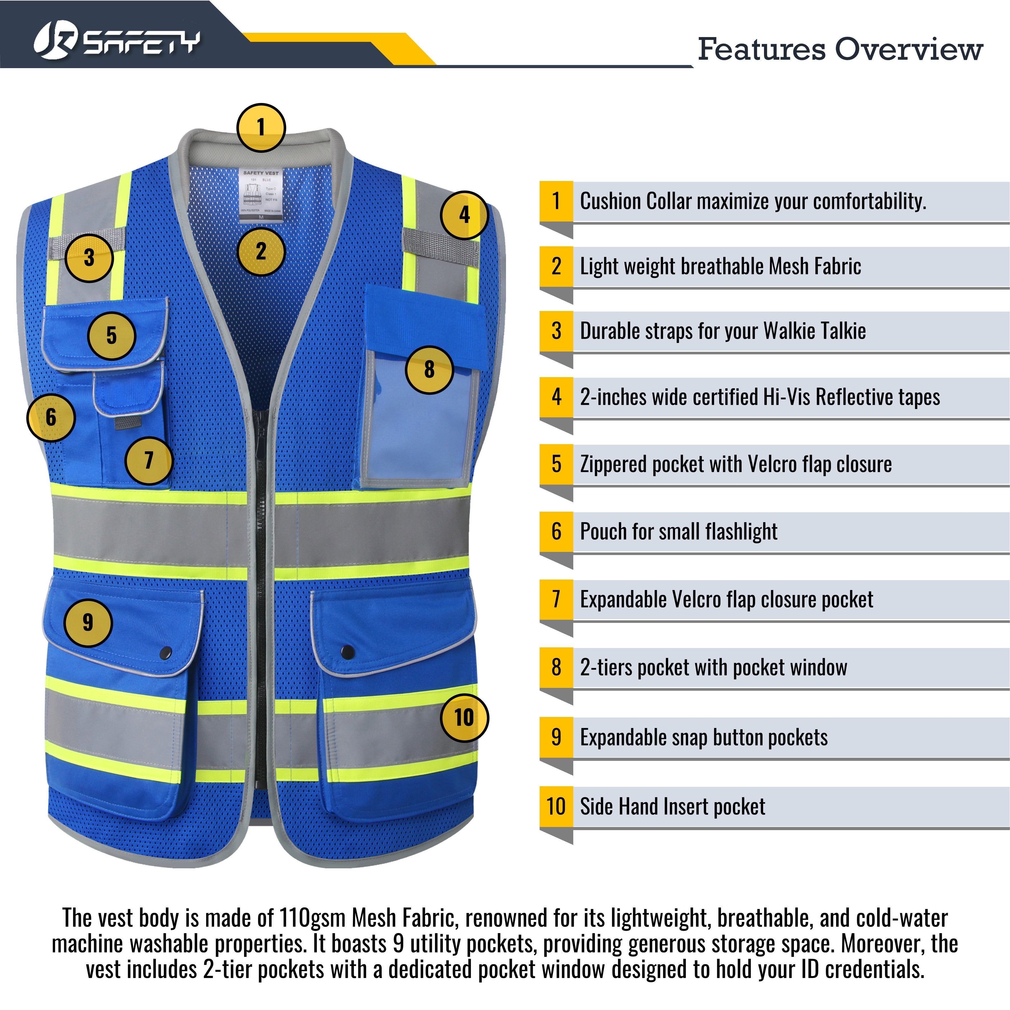 JKSafety 9 Pockets Mesh Two-Tone Hi-Vis Reflective Safety Vest, Cushion Collar (JK101)