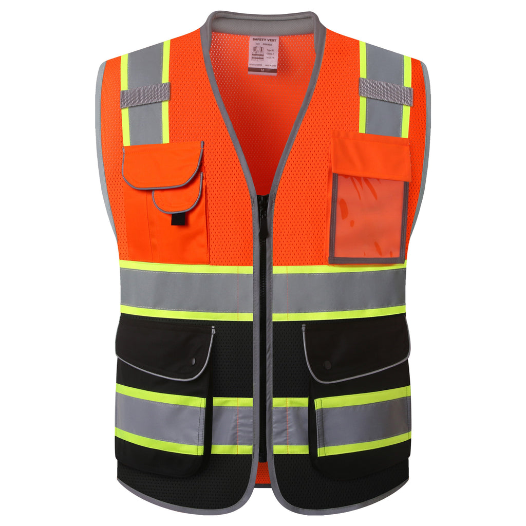 JKSafety 9 Pockets Mesh Two-Tone Hi-Vis Reflective Safety Vest, Cushion Collar (JK101)