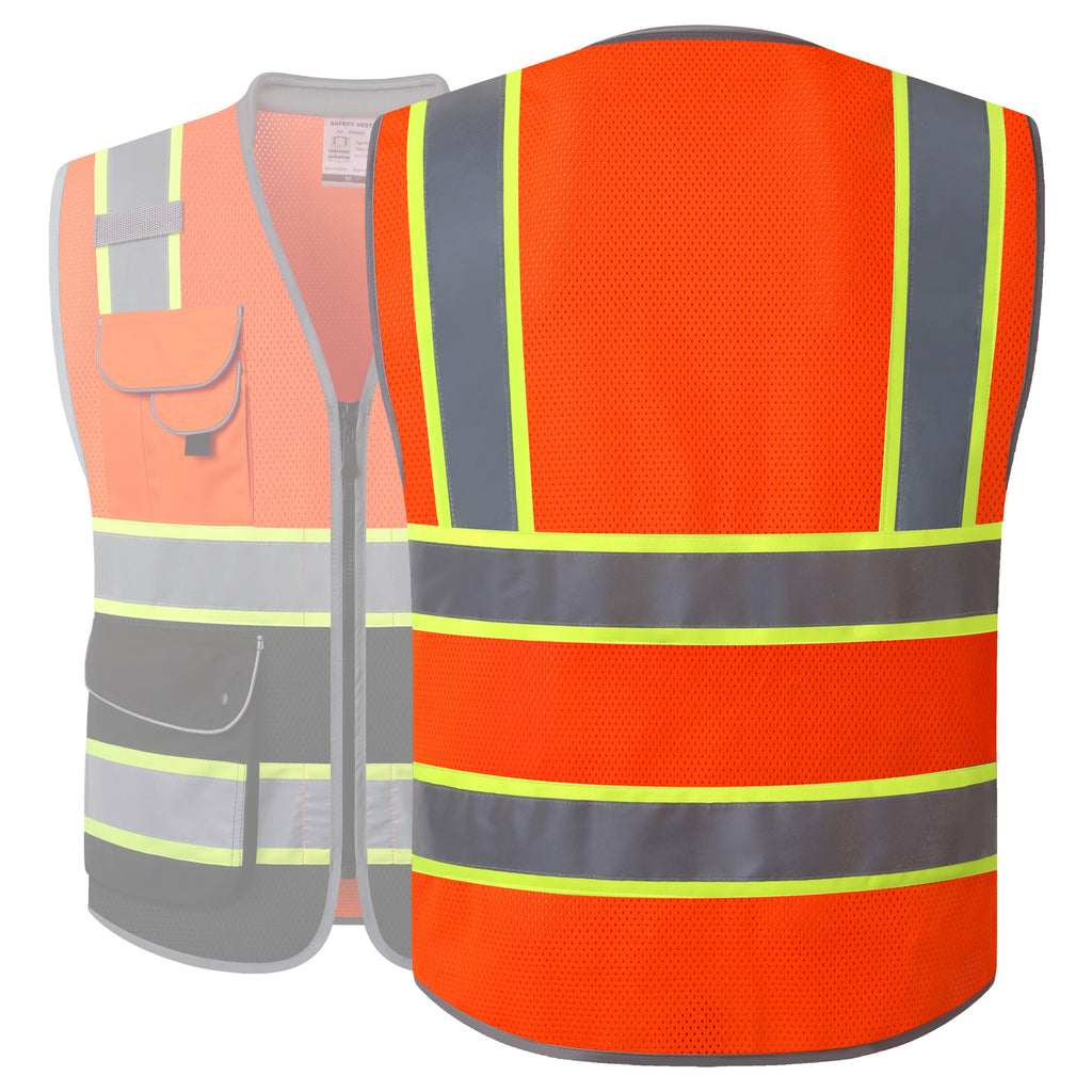 JKSafety 9 Pockets Mesh Two-Tone Hi-Vis Reflective Safety Vest, Cushion Collar (JK101)