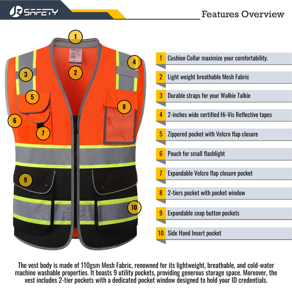 JKSafety 9 Pockets Mesh Two-Tone Hi-Vis Reflective Safety Vest, Cushion Collar (JK101)