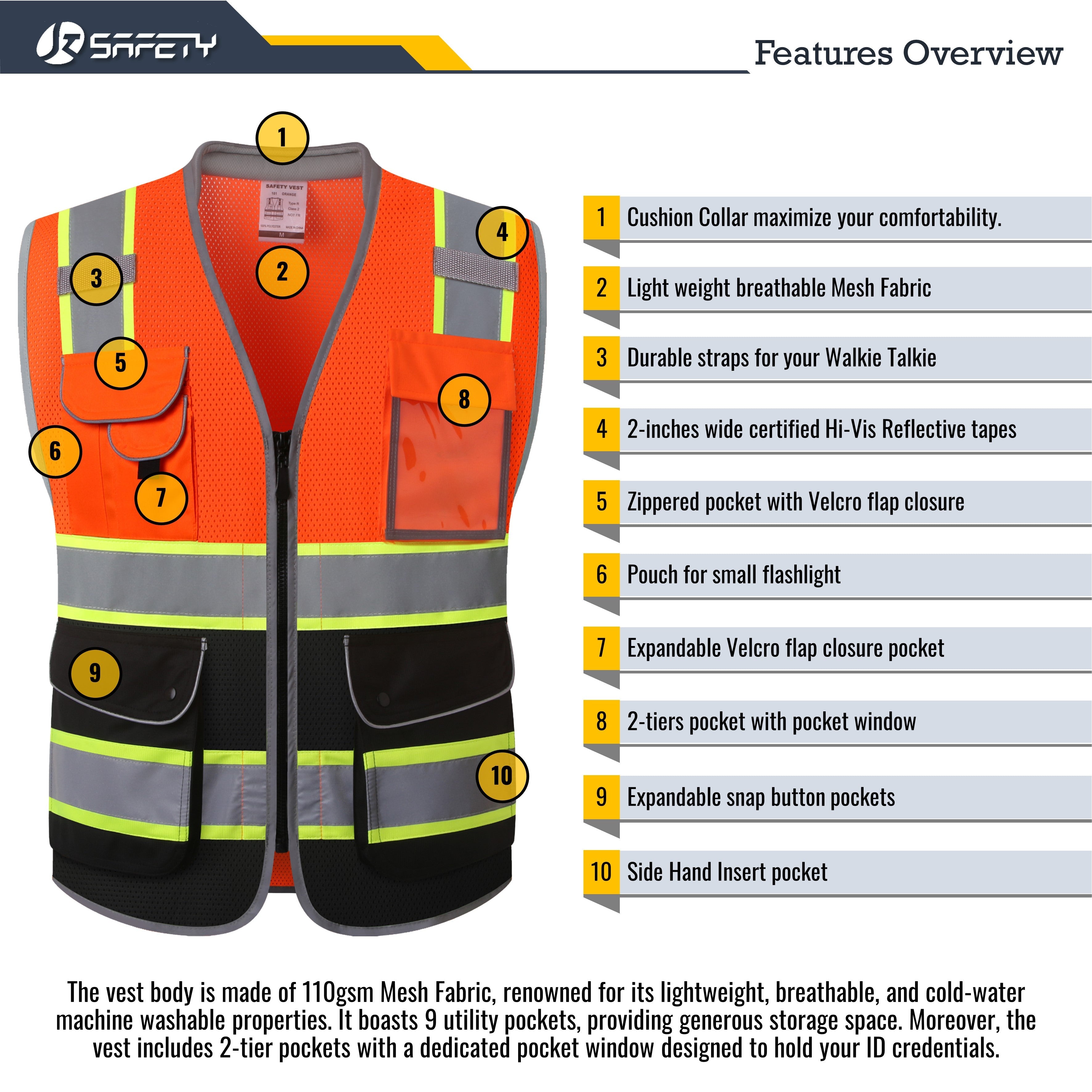 JKSafety 9 Pockets Mesh Two-Tone Hi-Vis Reflective Safety Vest, Cushion Collar (JK101)