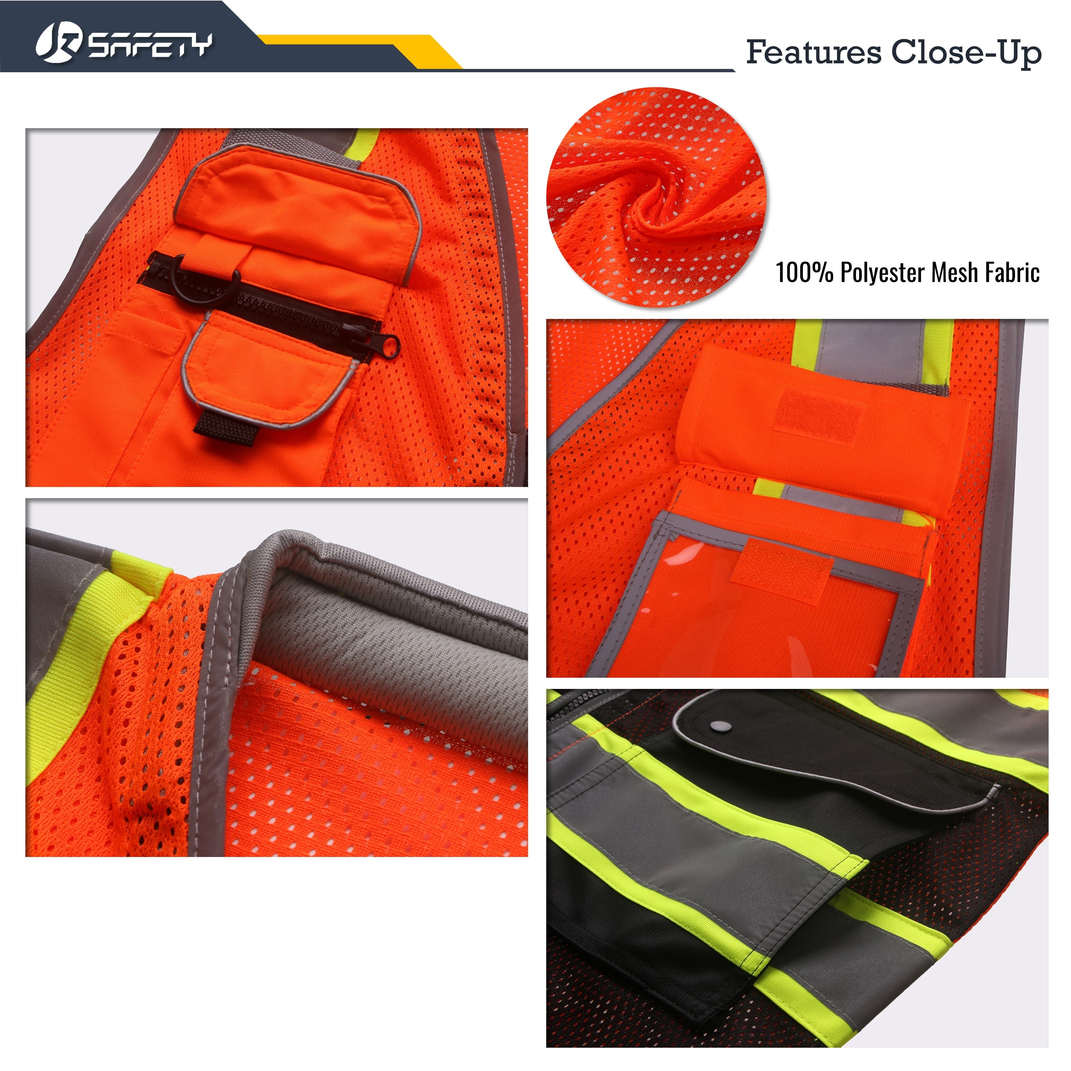 JKSafety 9 Pockets Mesh Two-Tone Hi-Vis Reflective Safety Vest, Cushion Collar (JK101)
