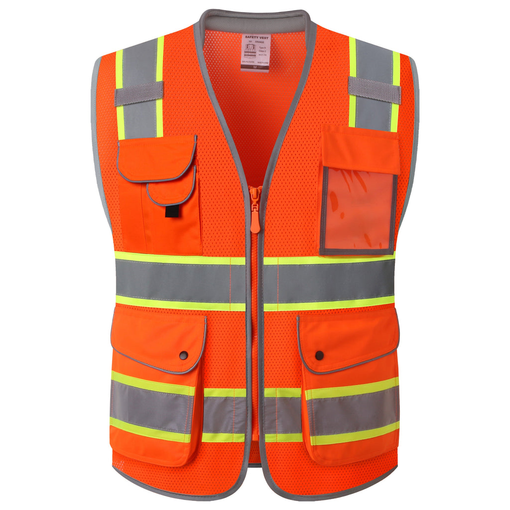 JKSafety 9 Pockets Mesh Two-Tone Hi-Vis Reflective Safety Vest, Cushion Collar (JK101)