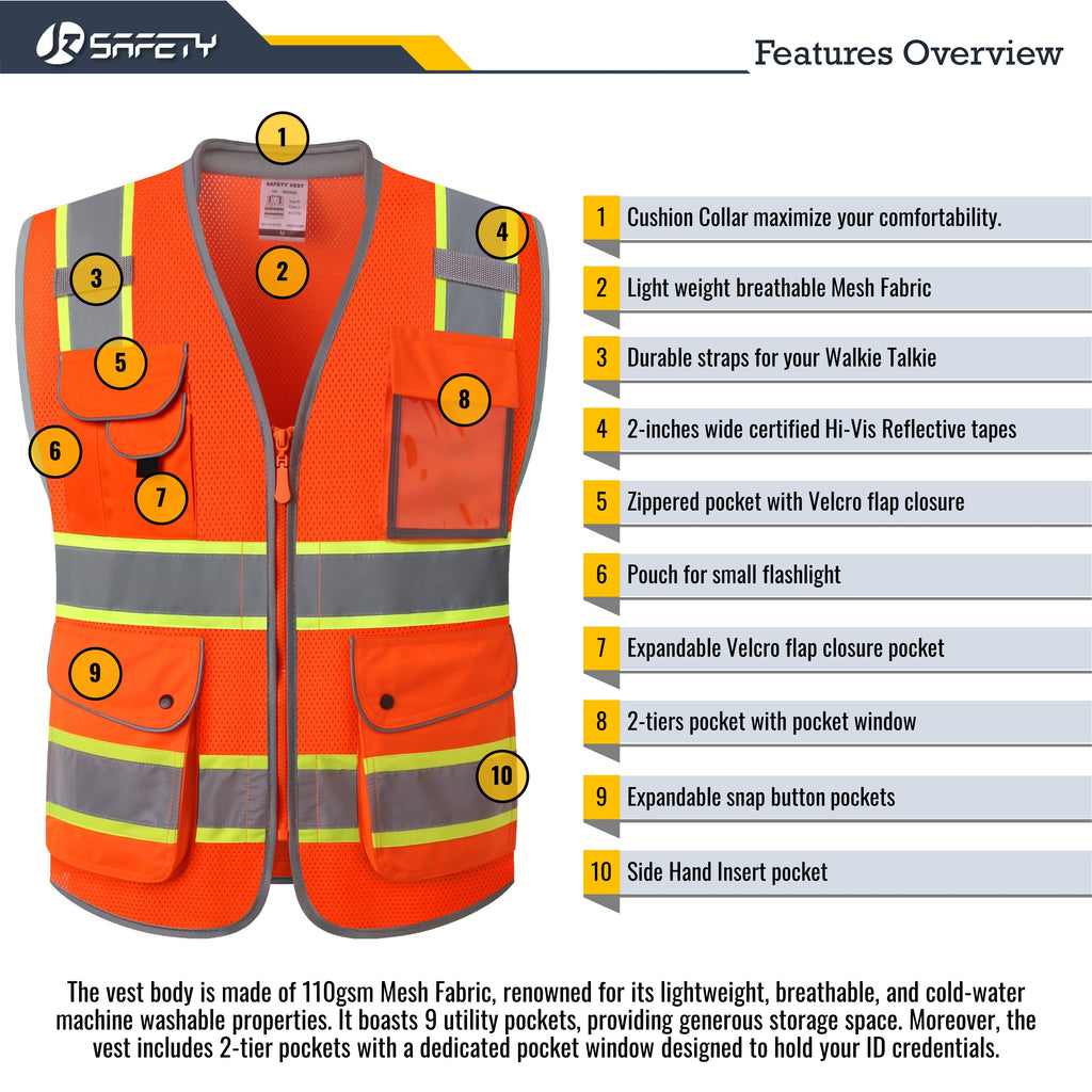 JKSafety 9 Pockets Mesh Two-Tone Hi-Vis Reflective Safety Vest, Cushion Collar (JK101)