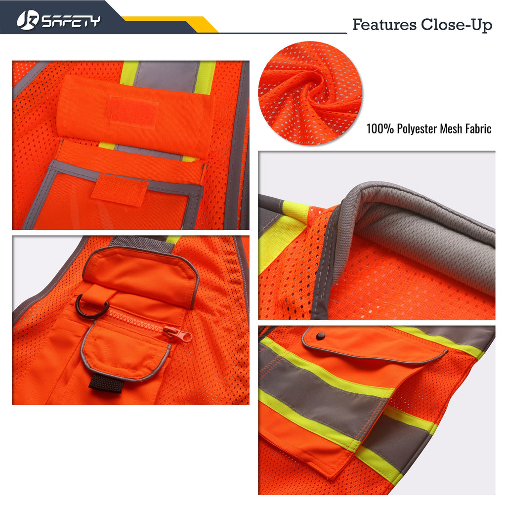 JKSafety 9 Pockets Mesh Two-Tone Hi-Vis Reflective Safety Vest, Cushion Collar (JK101)