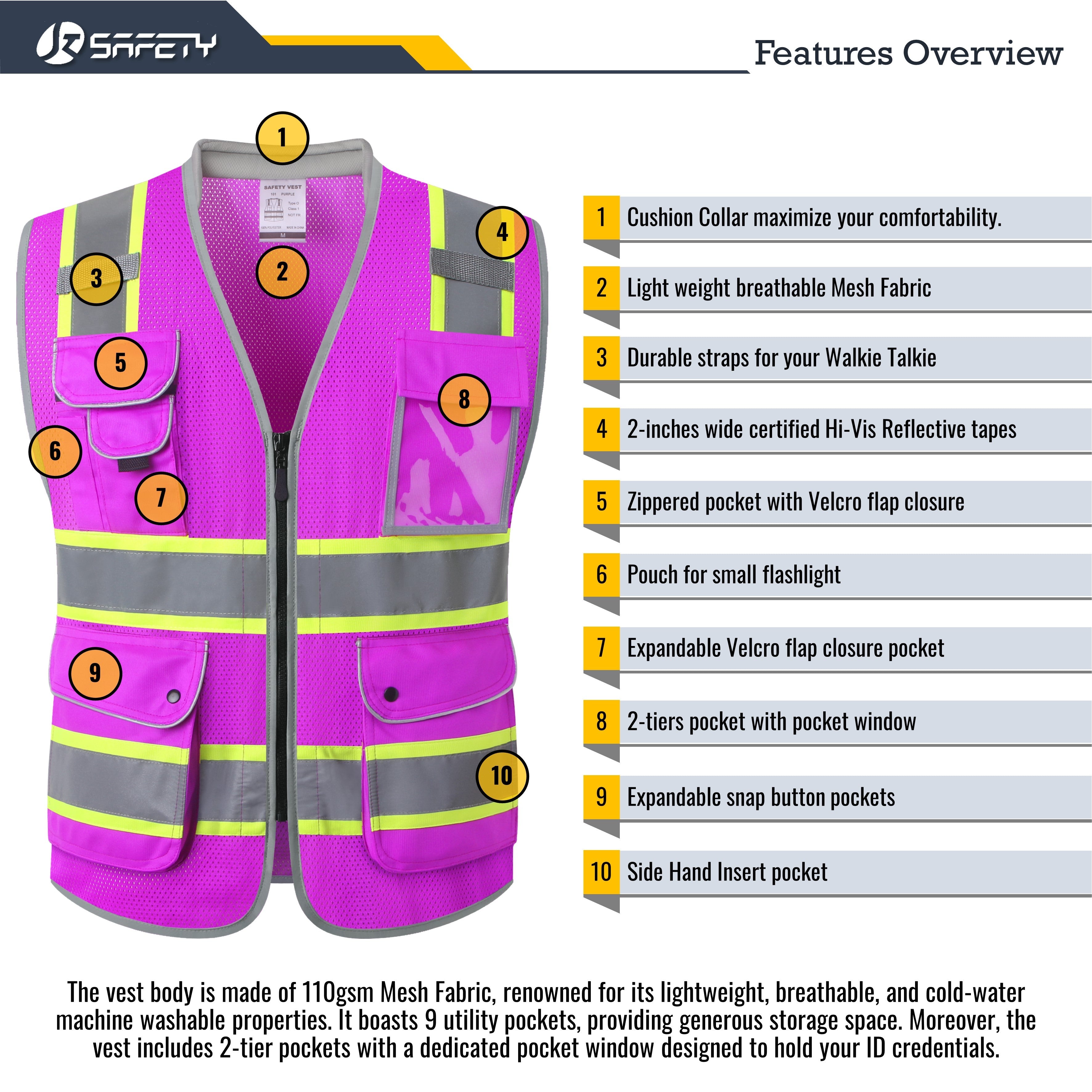 JKSafety 9 Pockets Mesh Two-Tone Hi-Vis Reflective Safety Vest, Cushion Collar (JK101)