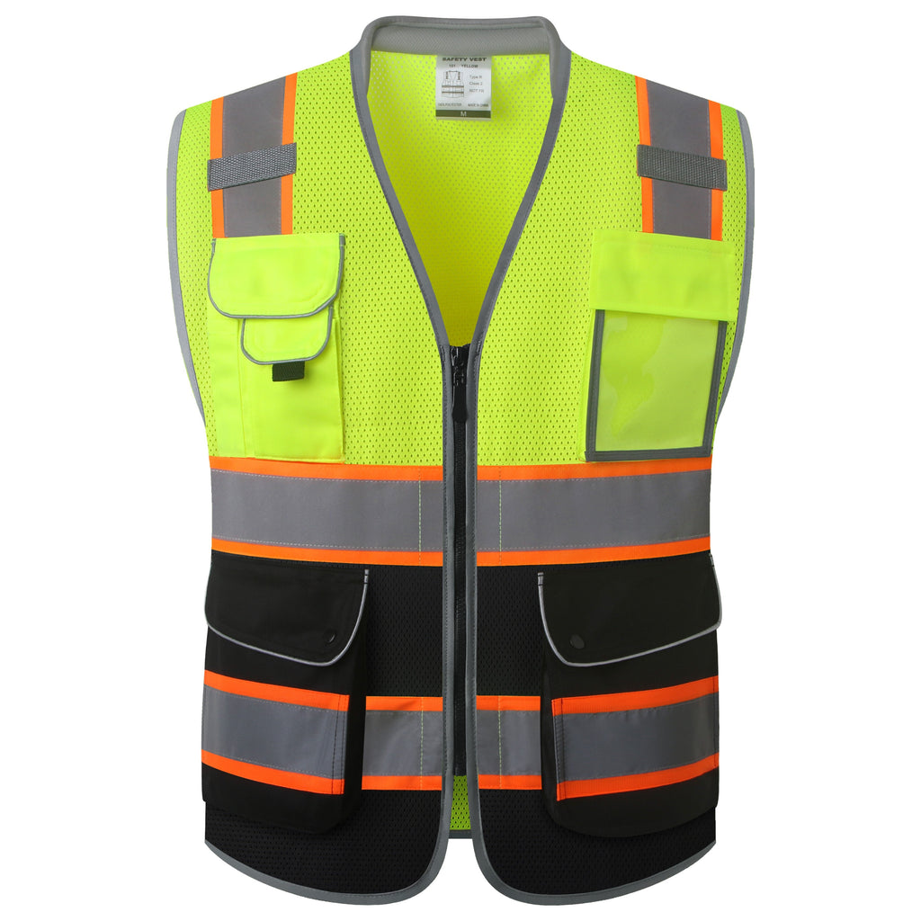 JKSafety 9 Pockets Mesh Two-Tone Hi-Vis Reflective Safety Vest, Cushion Collar (JK101)