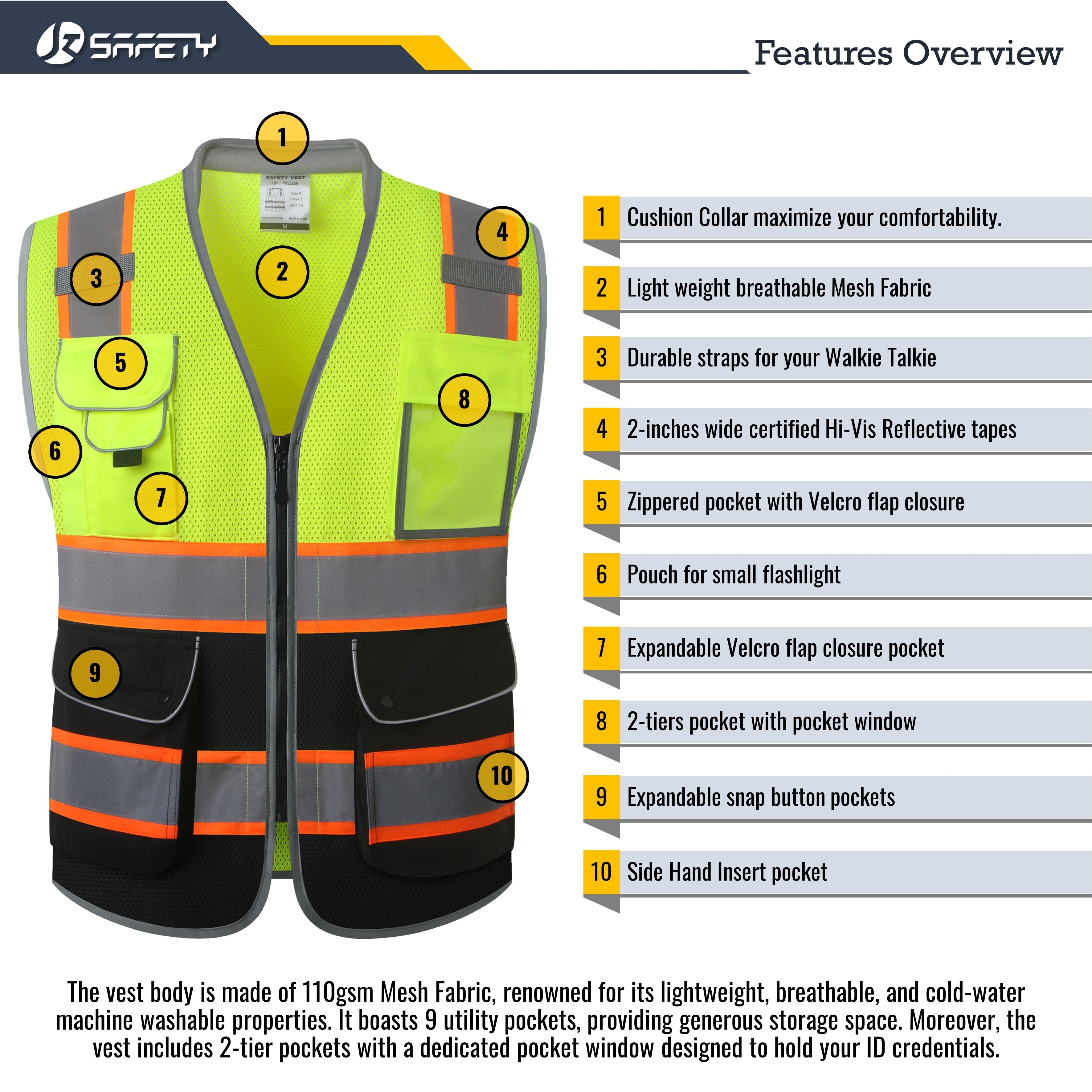 JKSafety 9 Pockets Mesh Two-Tone Hi-Vis Reflective Safety Vest, Cushion Collar (JK101)