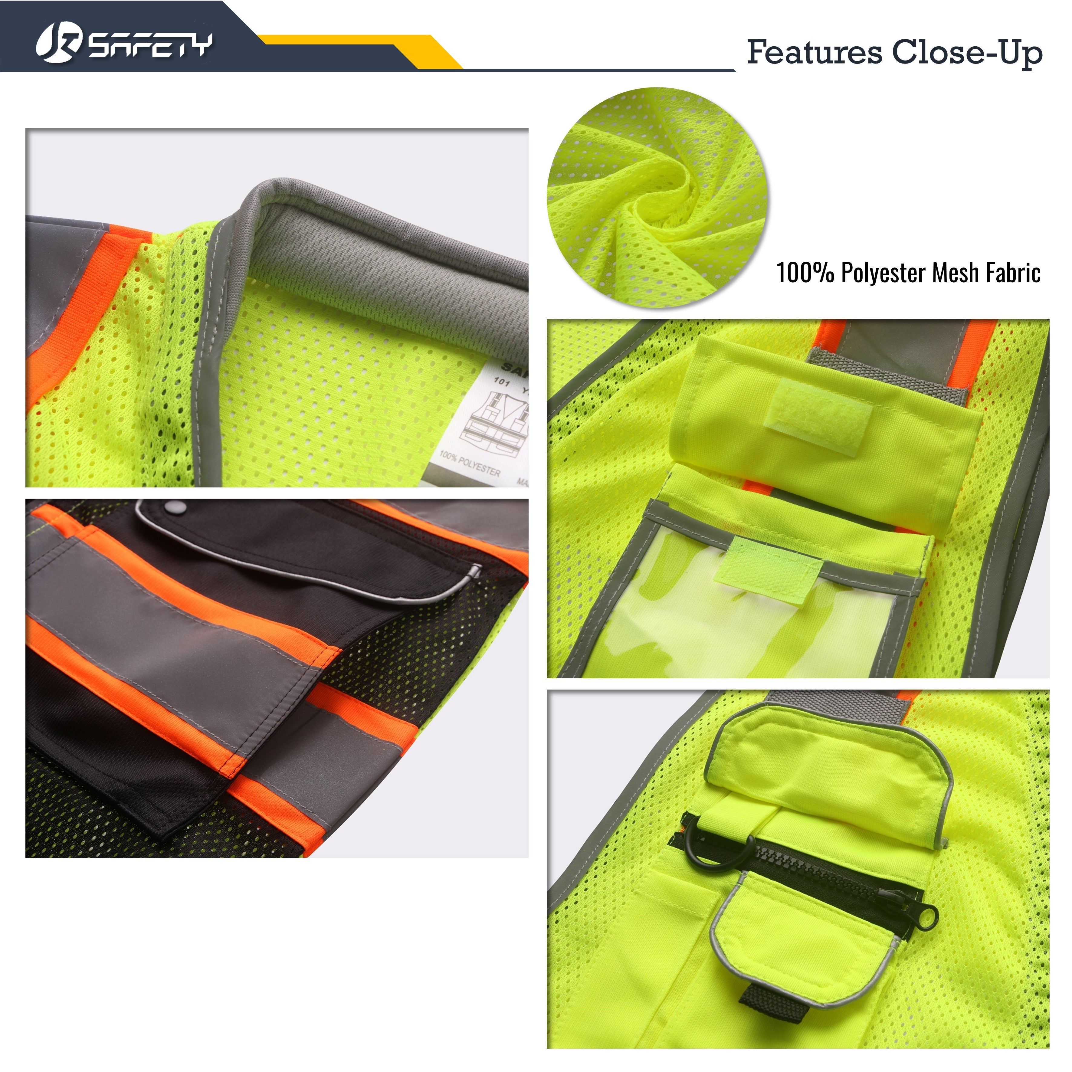 JKSafety 9 Pockets Mesh Two-Tone Hi-Vis Reflective Safety Vest, Cushion Collar (JK101)