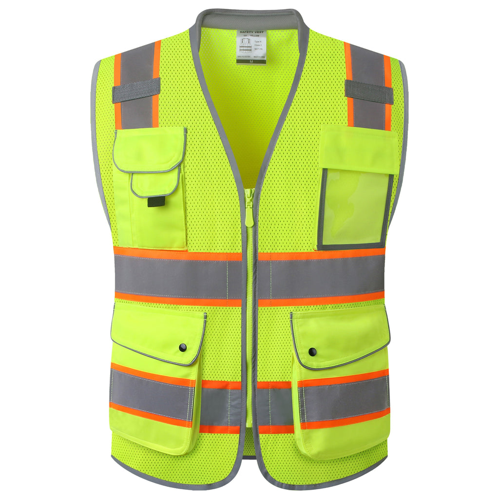 JKSafety 9 Pockets Mesh Two-Tone Hi-Vis Reflective Safety Vest, Cushion Collar (JK101)