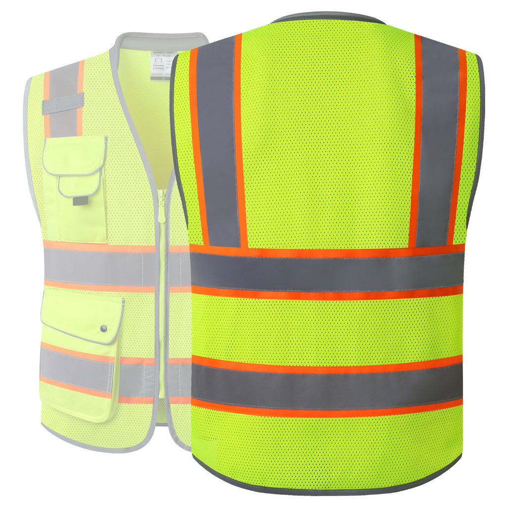 JKSafety 9 Pockets Mesh Two-Tone Hi-Vis Reflective Safety Vest, Cushion Collar (JK101)