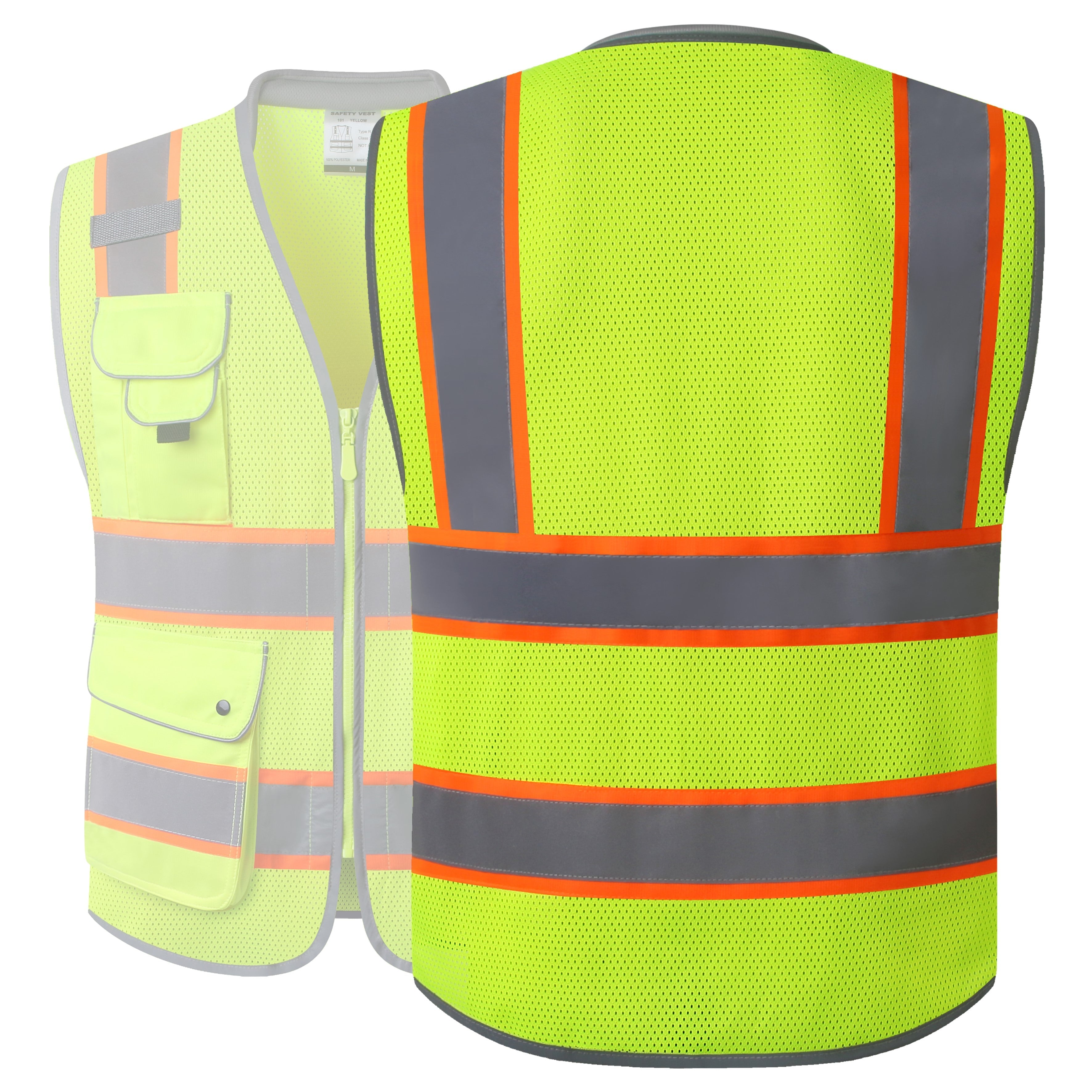 JKSafety 9 Pockets Mesh Two-Tone Hi-Vis Reflective Safety Vest, Cushion Collar (JK101)
