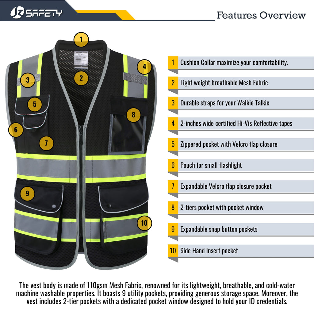 JKSafety 9 Pockets Mesh Two-Tone Hi-Vis Reflective Safety Vest, Cushion Collar (JK101)