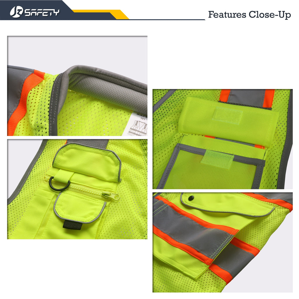 JKSafety 9 Pockets Mesh Two-Tone Hi-Vis Reflective Safety Vest, Cushion Collar (JK101)