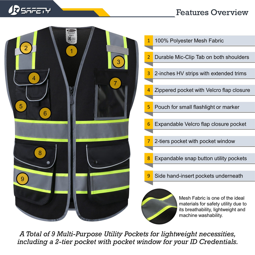 JKSafety 9 Pockets Mesh Two-Tone Hi-Vis Reflective Safety Vest (JK100)