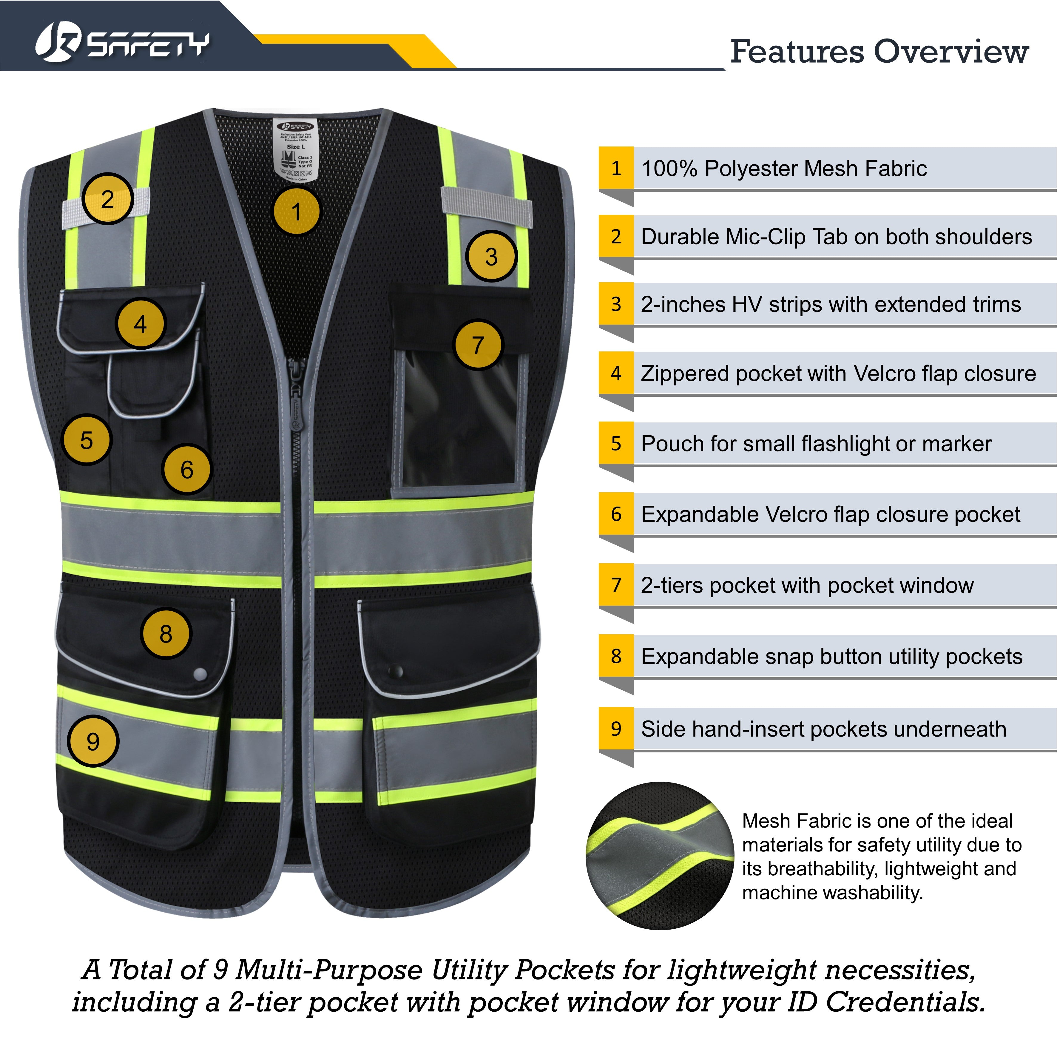 JKSafety 9 Pockets Mesh Two-Tone Hi-Vis Reflective Safety Vest (JK100)